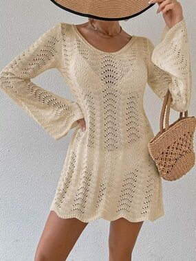Crochet Knit Bell Sleeve Mini Dress - Cream